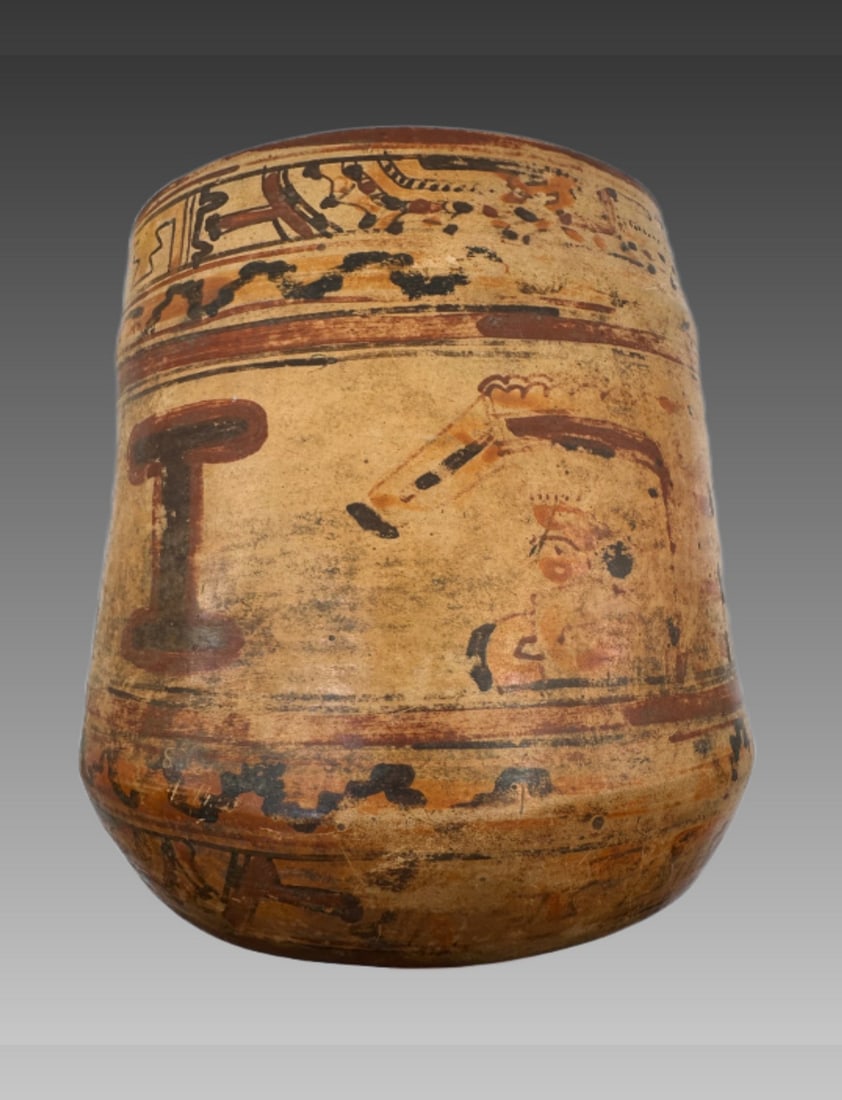 Precolumbian Mayan Polychrome Urn: Precolumbian Mayan Polychrome Urn, Mesoamerica, 300-800 C.E., Private Miami Collection