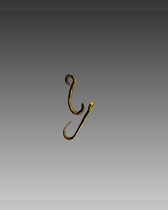 Precolumbian Gold Tairona Fish Hook Pendants: Precolumbian Tairona Gold Fish Hook Pendant, Matching Pair, Fine Detail, High Karat Gold, Colombia, 800-1200 C.E.