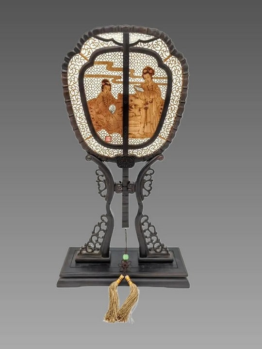 Antique Chinese Inlaid Table Fan with Antique Wood Base (1 of 10)