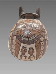 Pre-Columbian Style Ceramic Polychrome Double Spouted Vessel