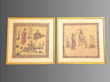 Mid-Century Silk Art with Persian Style or Mughal Scenes