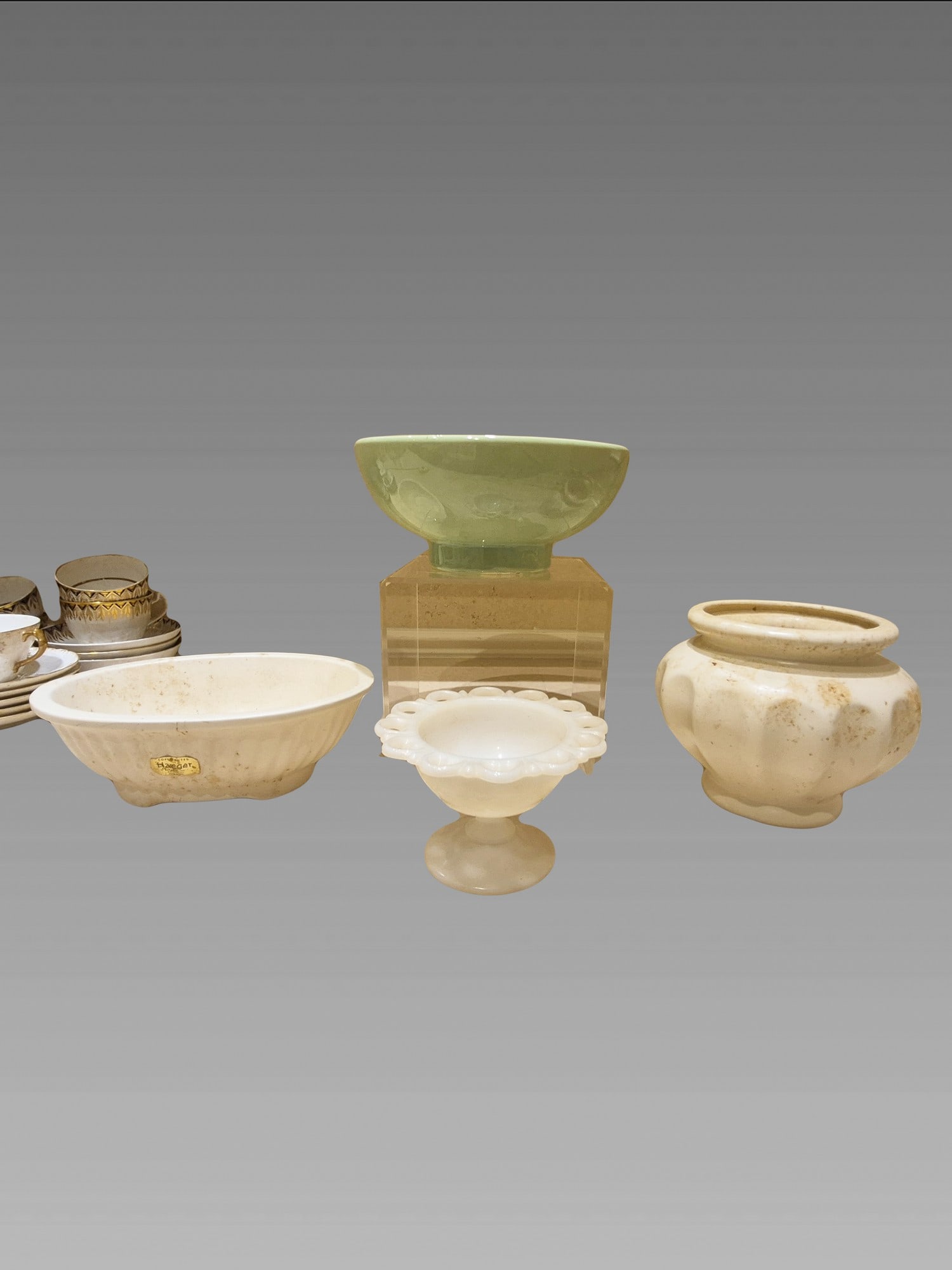 Collection of Mid-Century Ceramic and Glassware, Haegar USA: Collection of Mid-Century Ceramic and Glassware, Assortment of Pedestal Bowl, Serveware and Urn - Not all measurement(s) are exact, this is an approximation to be use for shipping quotes only: 15" x 1