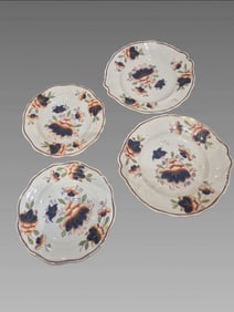 19th Century Imari China, Gaudy Welsh Lotus Pattern, 4 Pieces, 2 Scalloped Lustre Plates, 2- 7"
