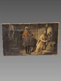 Antique 17th Century Oil Painting Christ On The Cross With A Praying Carthusian Monk" By The French