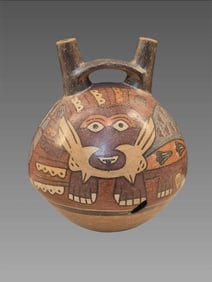 Pre-Columbian Style Nazca Bridge Spout Pottery Vessel With Painted Face