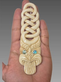Hand-Carved Maori Bone Tiki Pikorua Pendant With Paua Shell Inlay