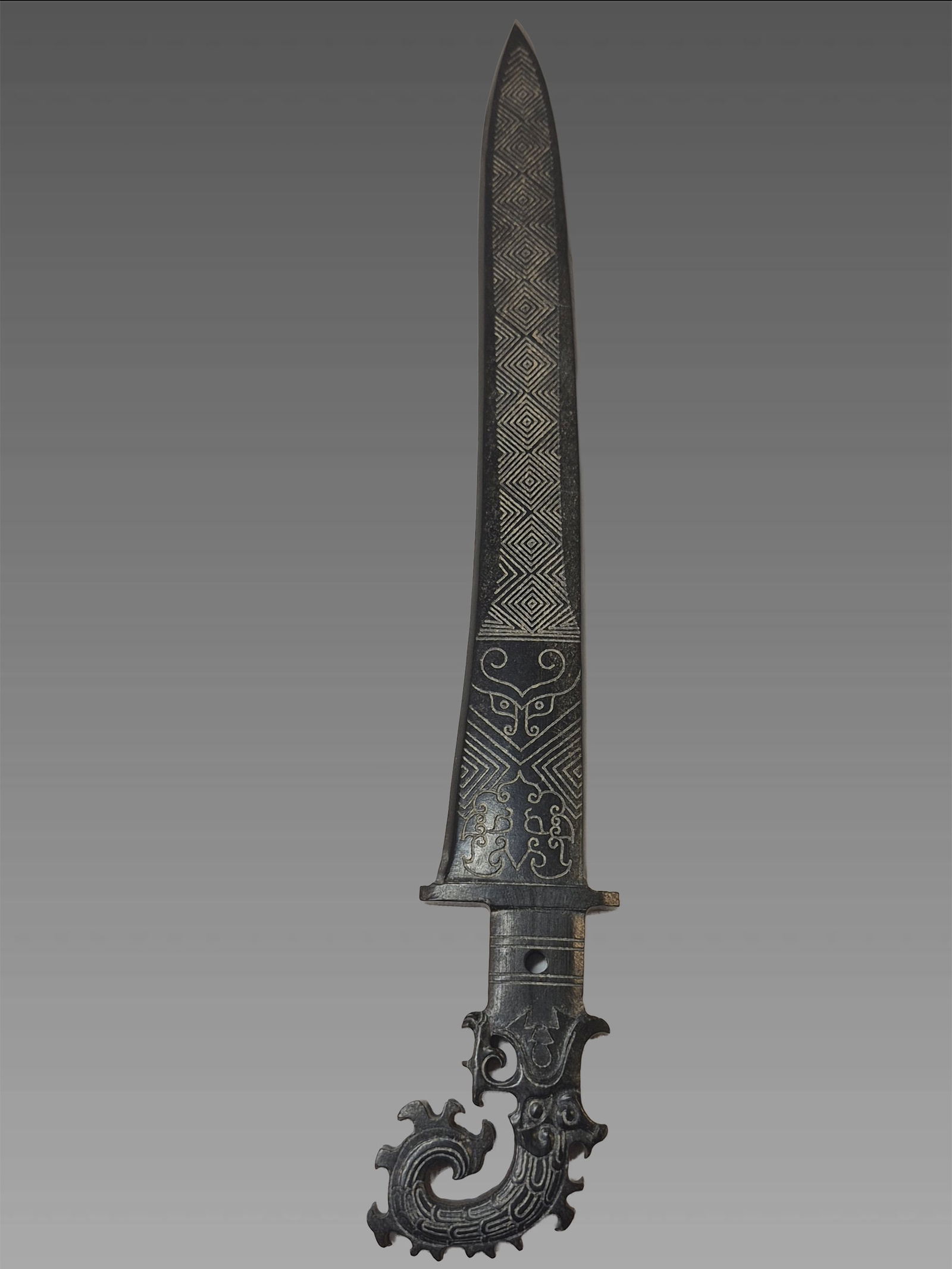 Rare Archaic Jade Ceremonial Dagger-Axe with Avian Decor, Shang Dynasty (1 of 4)