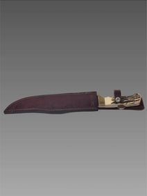 Vintage Fixed Blade Hunting Knife with Genuine Antler Handle & Custom Leather Sheath
