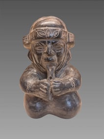 Pre-Columbian Moche Seated Men Figure With Flute Vessel