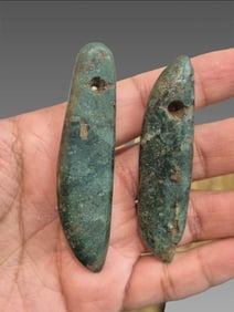 Pre-Columbian Pair of Ancient Jade Carved Celt Pendants