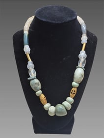 Pre-Columbian Jade,Quartz and Gold Bead Necklace