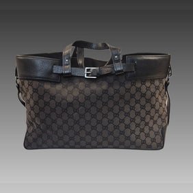 Gucci GG Canvas Leather Tote Bag Brown A4 Size Authentic