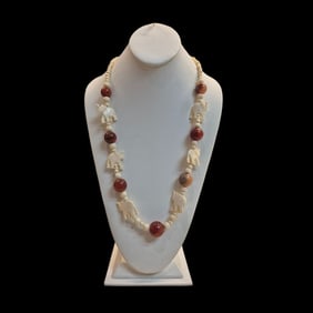 Antique Beaded Necklace with Carnelian and Elephant Motif