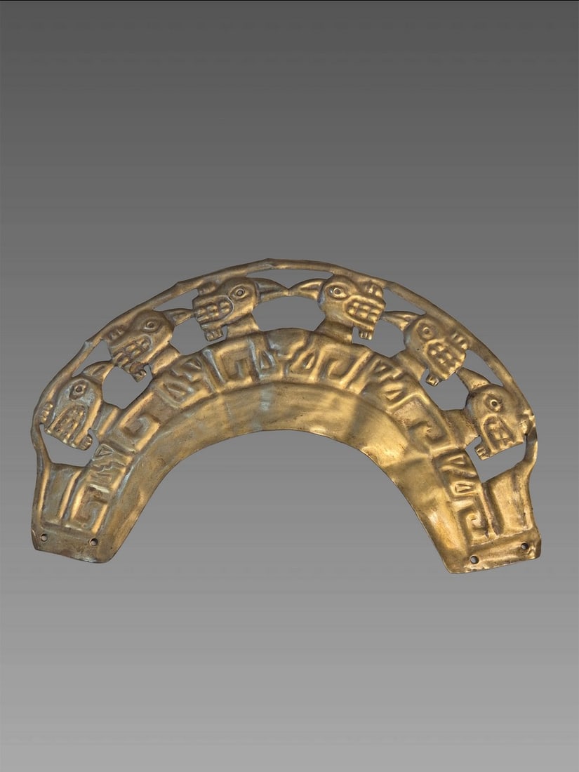 Pre-Columbian Style Gold Tone Crescent Pectoral with Animal Relief: Pre-Columbian Style Gold Tone Crescent Pectoral with Animal Relief, Exact Age and Origin Unknown Dimensions: 5"x8"