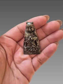 Antique Asian Silver Charm Hand-Carved Protective Deity Ornate Relief Detailing