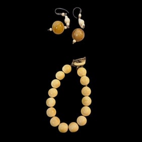 Antique Carved Beaded Bracelet and Agate Earrings with Sterling Silver