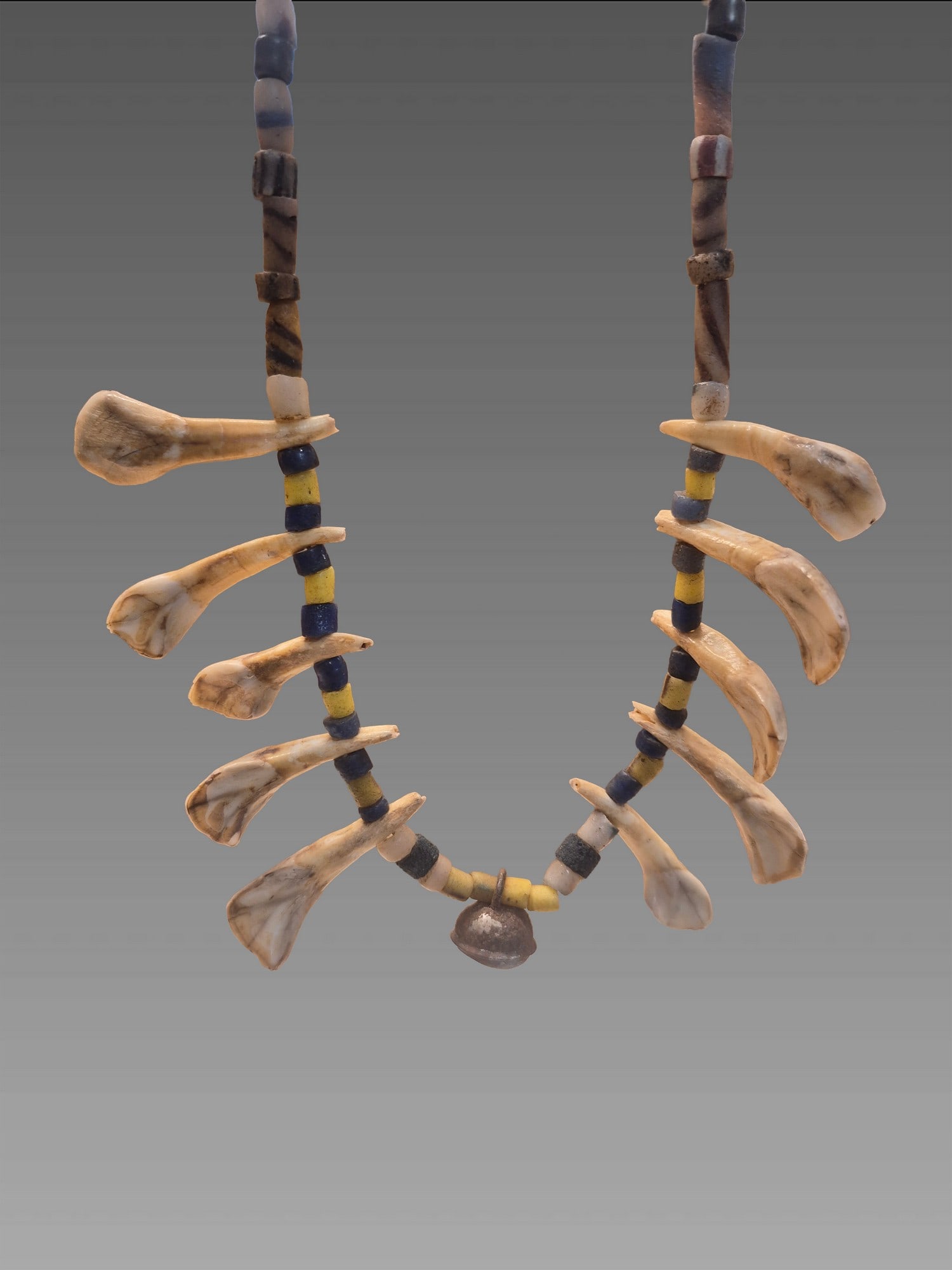 Antique Native American Elk Tooth Necklace, 1800's: Native American Elk Tooth Necklace, Glass Trade Beads, Bell Pendant, Early 1800's Dimensions: 8"x5"