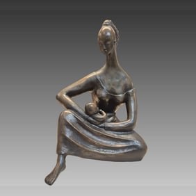 Antique Bronze "Seated Mother With Child" Sculture By Croatian Artist Branko Bahunek
