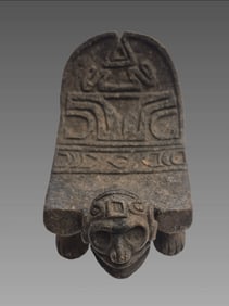 Pre-Columbian Taino Clay Ceremonial Duho with Masked Effigy Figure