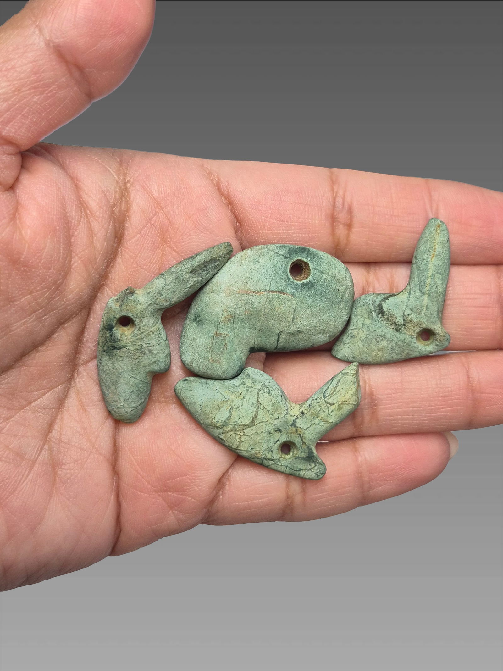 Pre-Columbian Carved Green Tiza Stone Avian Pendants: 2"x2" Pre-Columbian Carved Green Tiza Stone Avian Pendants