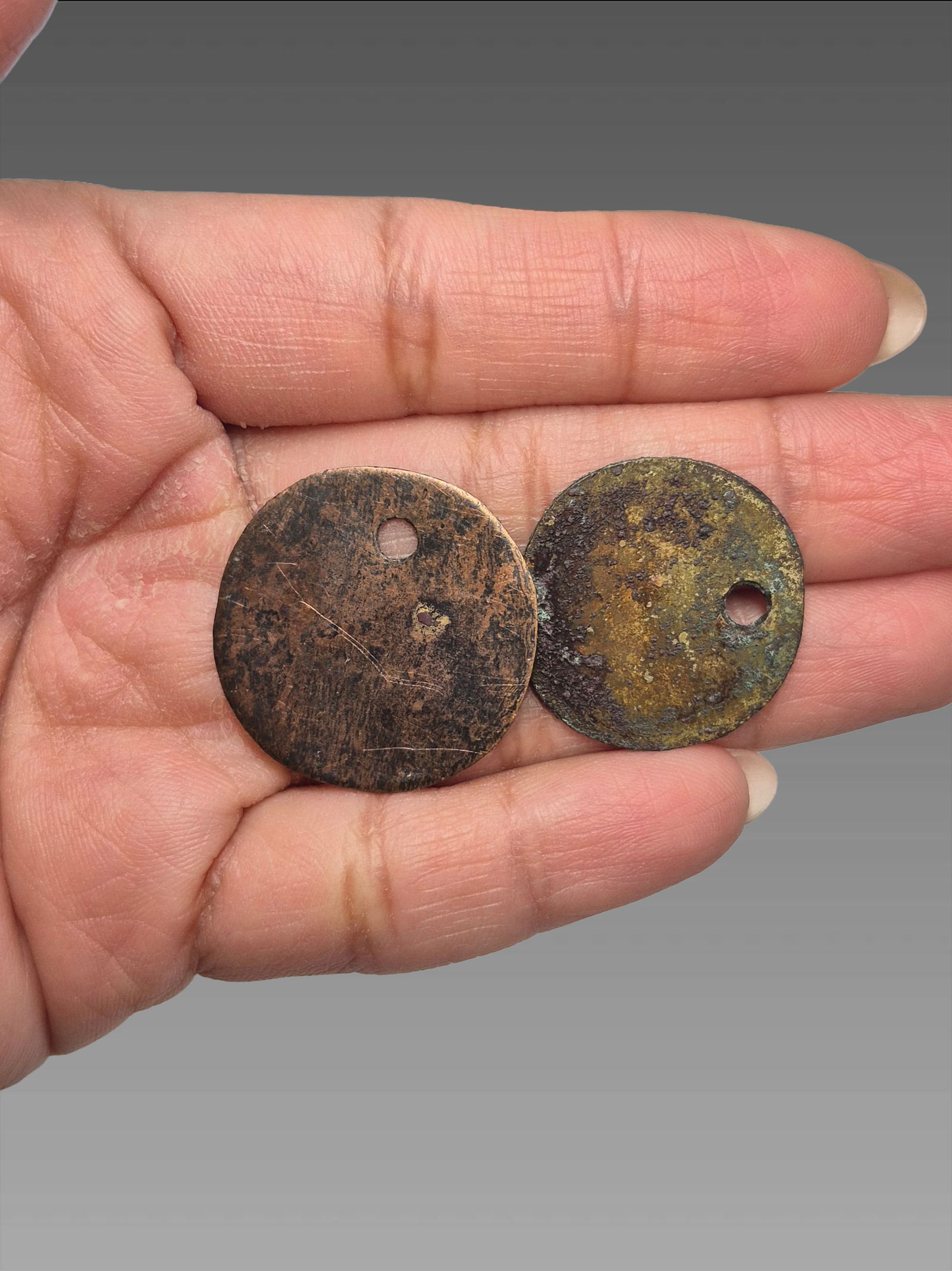 Pre-Columbian Chimu Gilt Copper Discs: 1"x2" Pre-Columbian Chimu Gilt Copper Discs