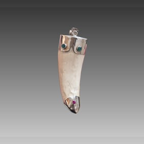 Antique Taxidermy Killer Whale Tooth with Rubies and Emeralds set in Sterling Silver