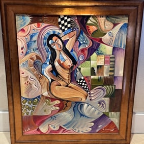 Nude Kneeling Lady by D. Morales - Signed Original Cubism Artwork