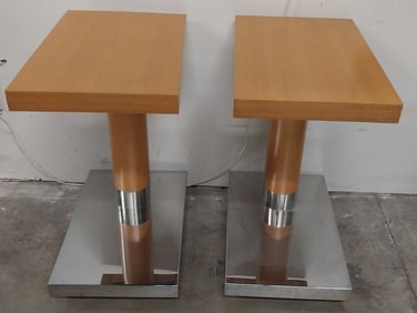 Burl Wood and Chrome Side Table on Caster - 15 x 22 x 29 in H