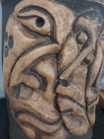 3 Faces - Hand Carved Wooden African Piece - 19 x 16.5 in