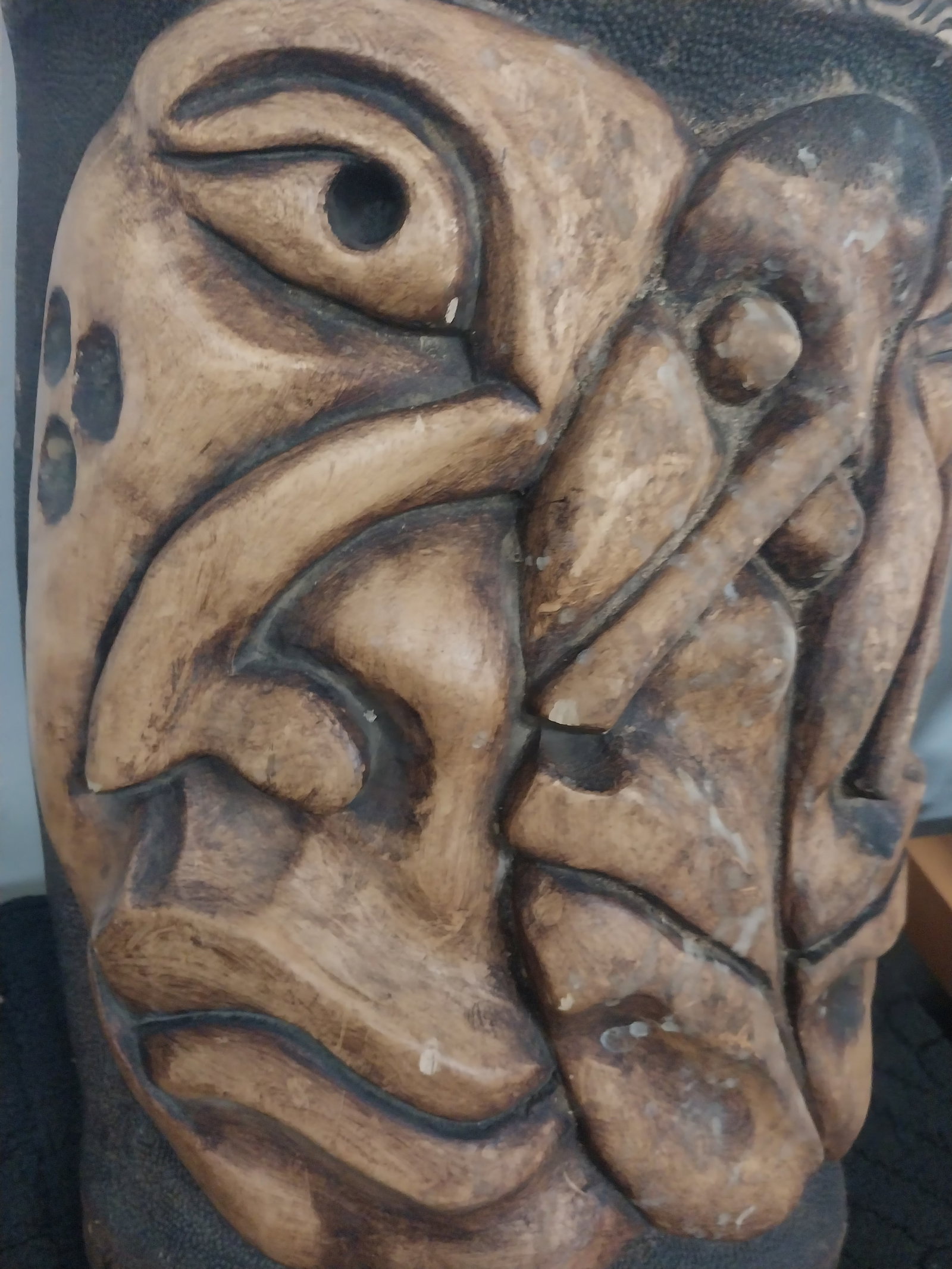 3 Faces - Hand Carved Wooden African Piece - 19 x 16.5 in: 3 Faces - Hand Carved Wooden African Piece - 19 x 16.5 in -originally purchased at auction to help children from war torn -victim of land mines