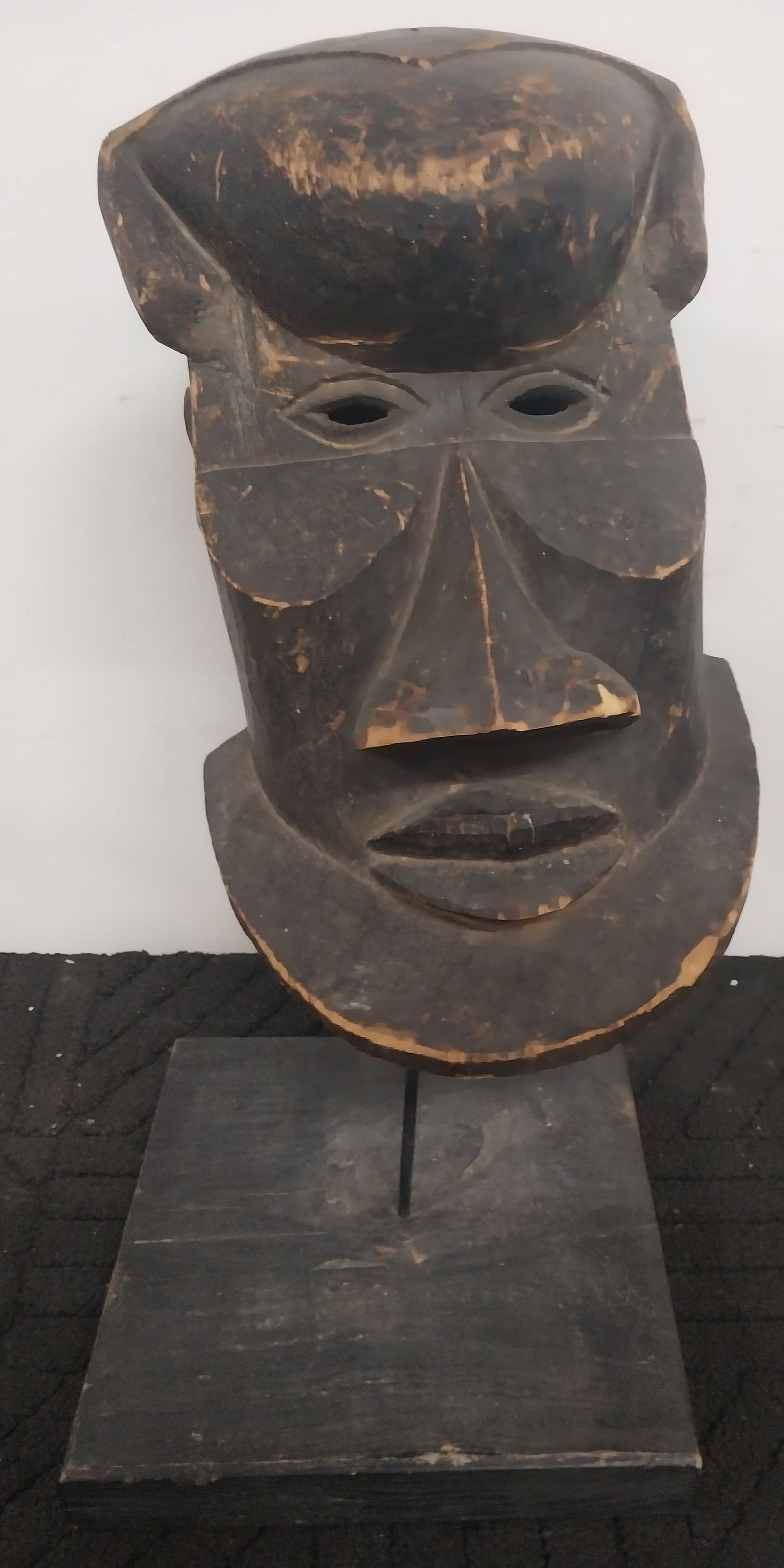Hand Carved wooden mask with Stand - needs TLC - 16 in Tall: Hand Carved wooden mask with Stand - needs TLC - 16 in Tall -originally purchased at auction to help children from war torn -victim of land mines