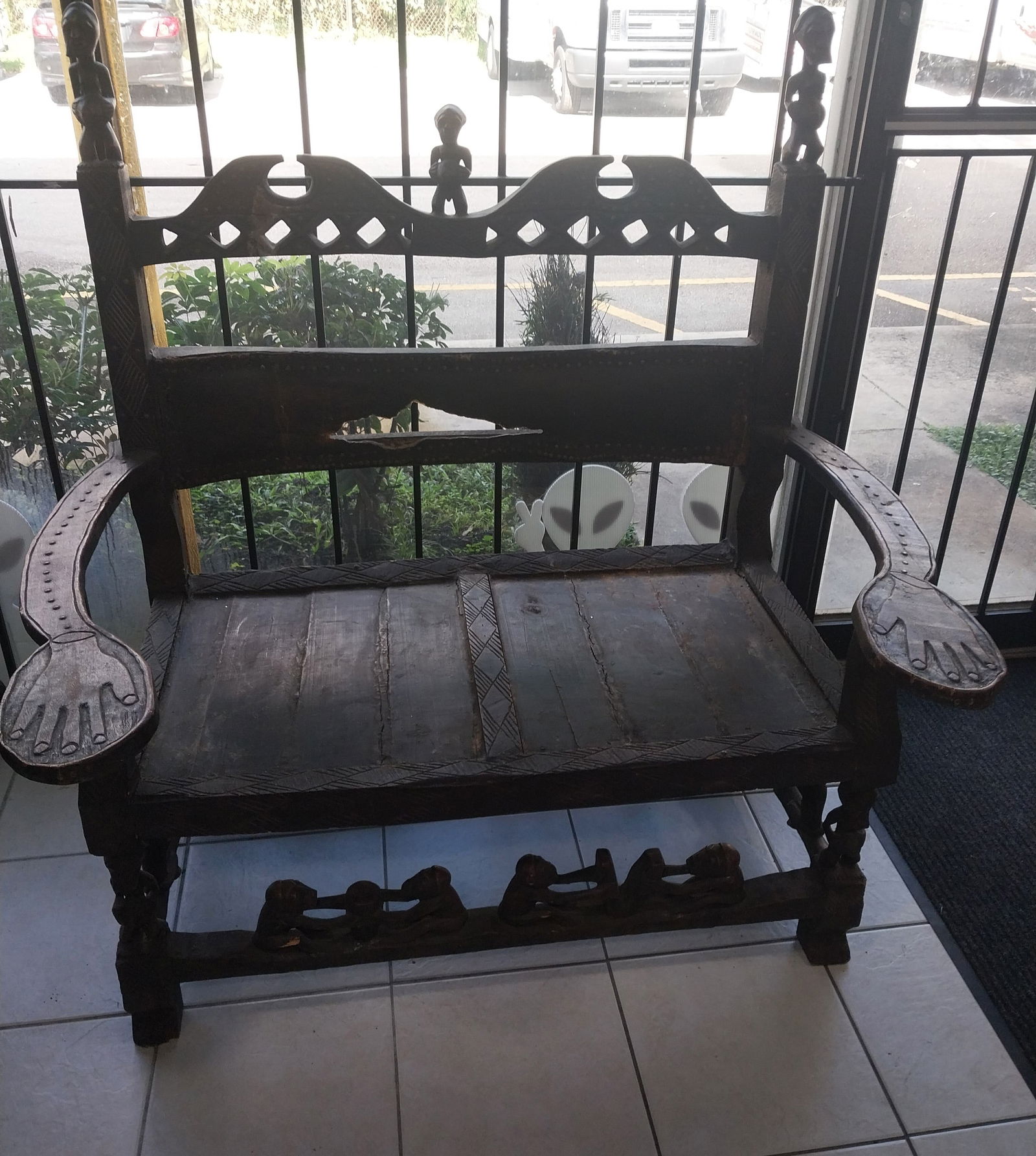 Hand Carved Wooden Bench with African Carvings - 48 L x 52 H x 31 in D -needs TLC (1 of 6)
