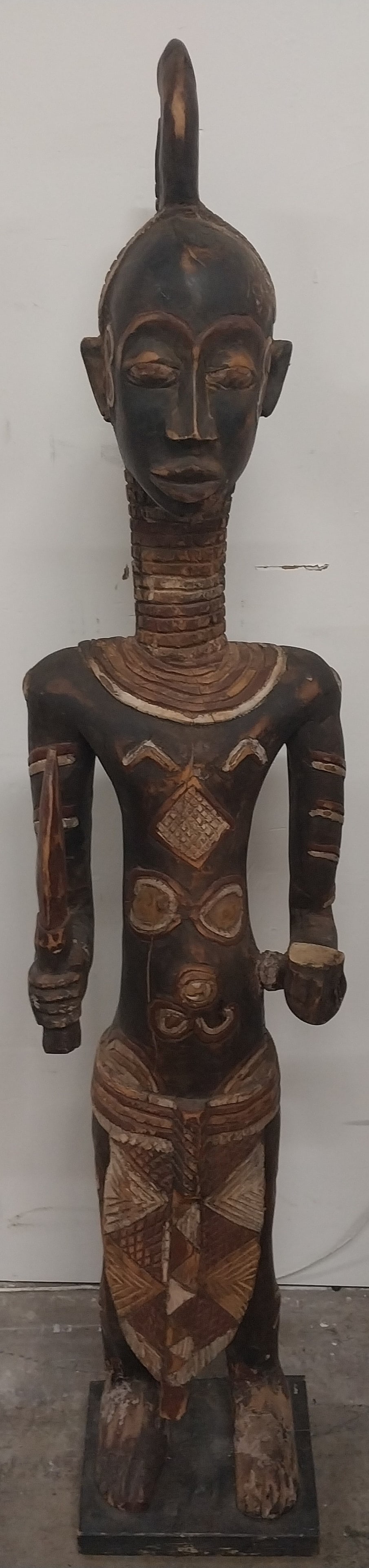 Hand Carved Wooden Baule Statue - Ivory Coast, 63 in Tall - Warrior with Knife - needs TLC (1 of 6)