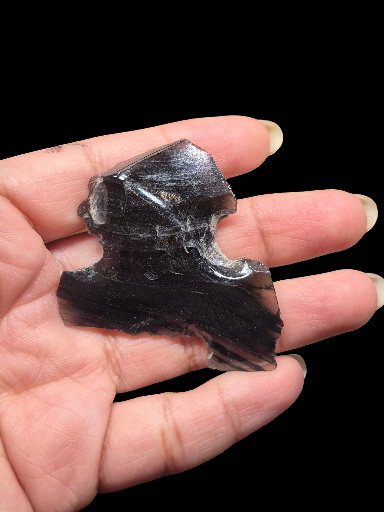 Pre-Columbian Mayan Obsidian Flint: 2"x1.75" Pre-Columbian Mayan Eccentric Flint, Obsidian, Translucent, High Polish, Mesoamerica, 500-900 CE