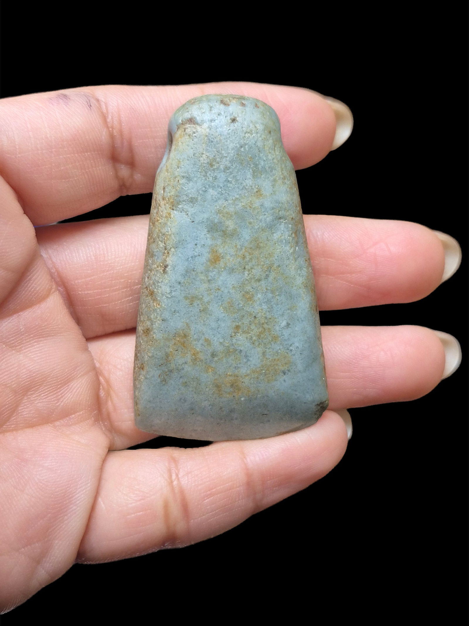 Pre-Columbian Mayan Jade Axe: 1 7/8"x1.25" Pre-Columbian Mayan Jade Axe, Mineral Deposits and Signs of Erosion, Mesoamerica 300-800 CE