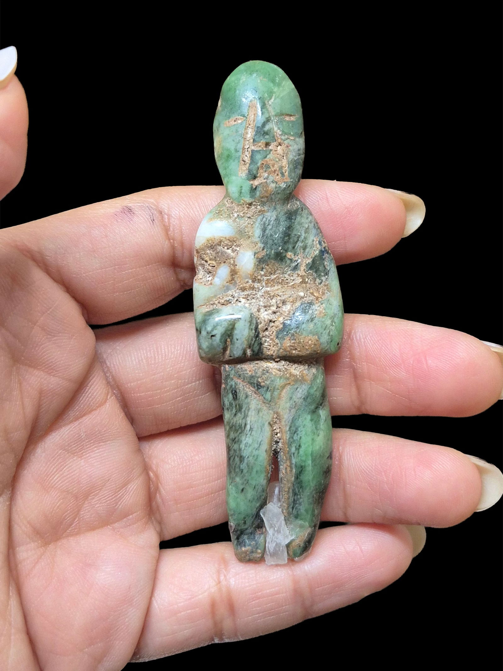 Pre-Columbian Carved Olmec Jade Standing Figure: 3"x7/8" Pre-Columbian Carved Olmec Effigy Figure, Jadeite Jade, Translucent Apple Green Jade with Heavy Calcification, Mesoamerica 200BC-300CE