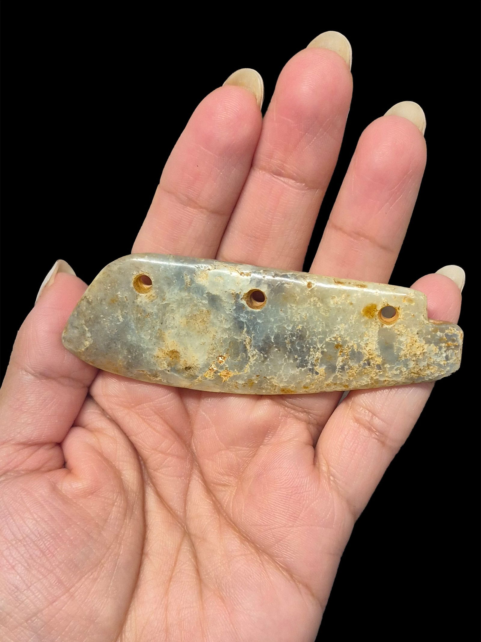 Pre-Columbian Pectoral Jade Pendant, Mayan Ceremonial Jade: 3"x1" Pre-Columbian Pectoral Jade Pendant, Translucent, Calcification, Mineral Dsposits, Mesoamerica, 550-900 CE