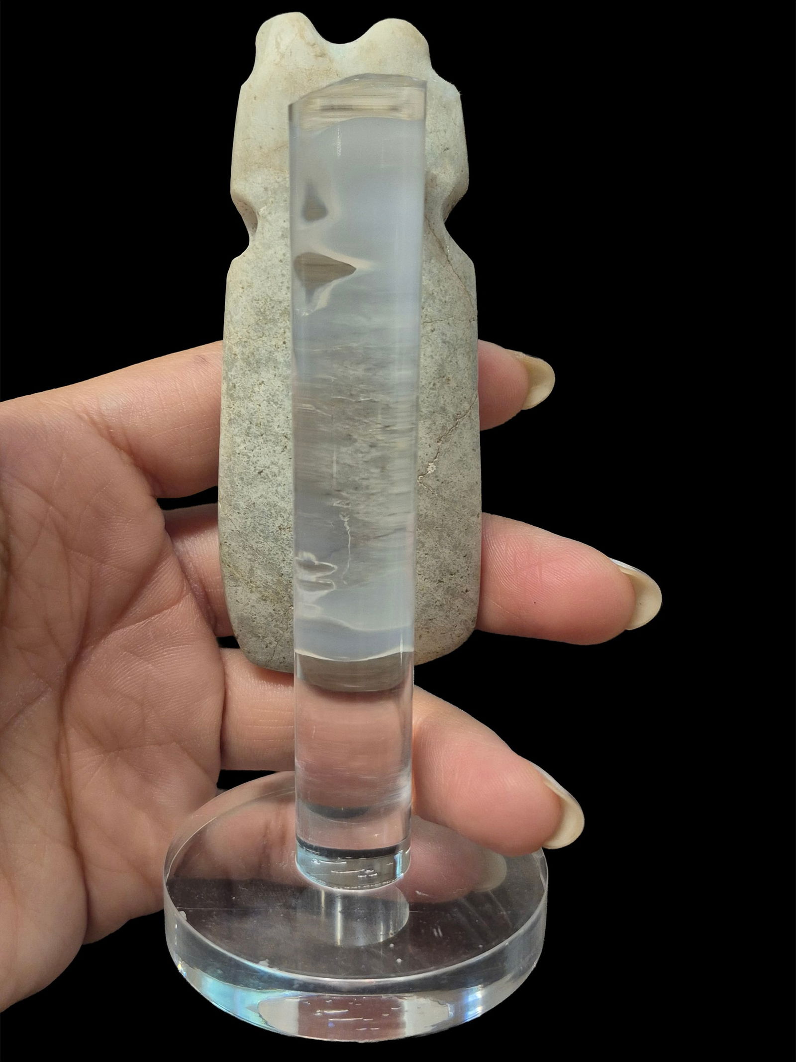 Pre-Columbian Costa Rican Masked Avian Axe God Celt: 1"x3.2" Pre-Columbian Costa Rican Masked Avian Axe God Celt, Heavy Calcificaiton, Avian Features with Crossed Arms, Nicoya Costa Rica, 300-900 CE