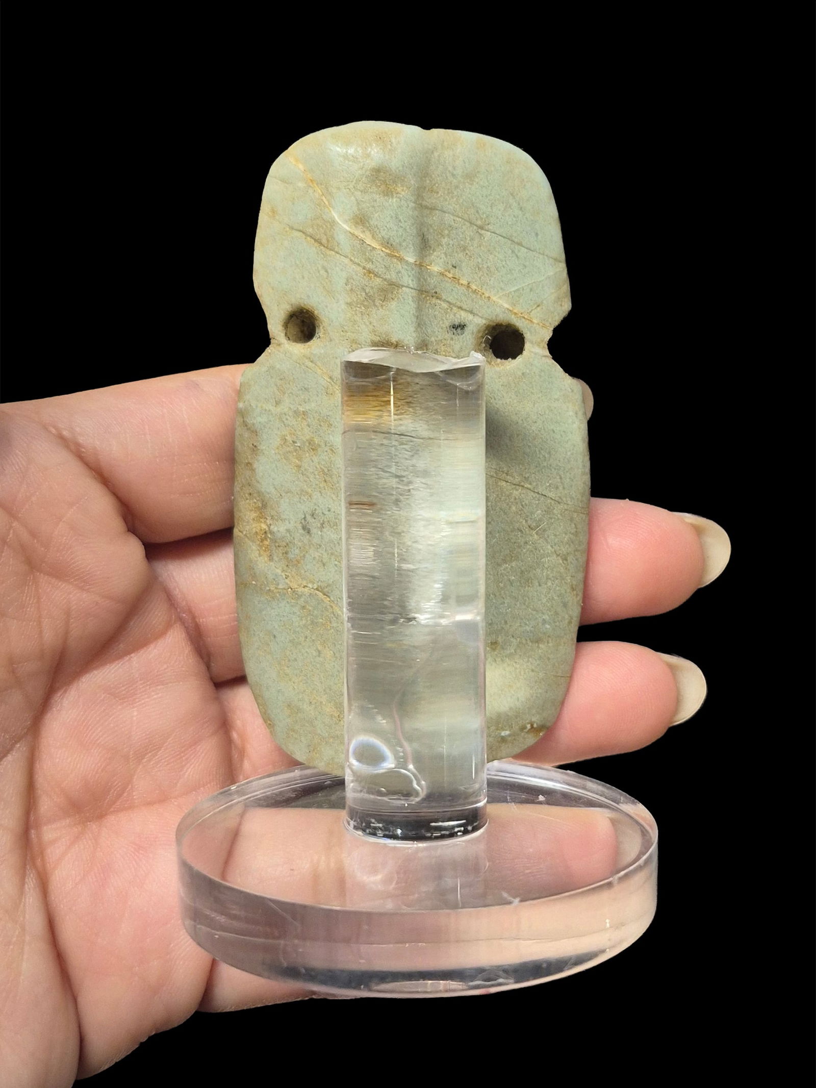 Pre-Columbian Avian Jade Stone Celt, Abstract Avian Form: 1.6"x3" Pre-Columbian Avian Jade Stone Celt, Abstract Avian Form,Translucent, Nicoya Costa Rica 500-900 CE