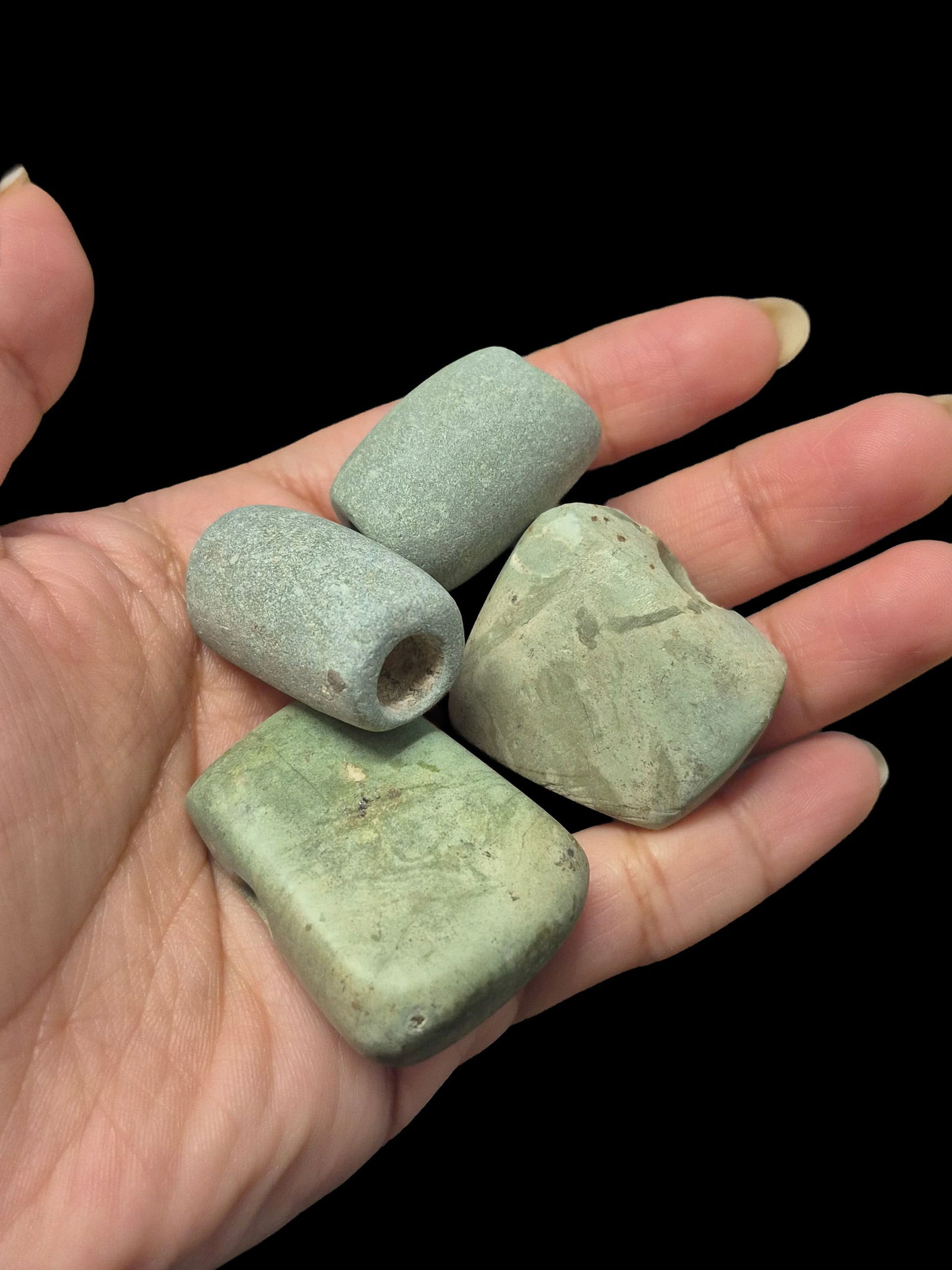 Pre-Columbian Assorted Green Stone Beads: 1.5"x1" Pre-Columbian Assorted Green Stone Beads, Mesoamerica, 500-800 CE, Size Varies 1"-1.5"