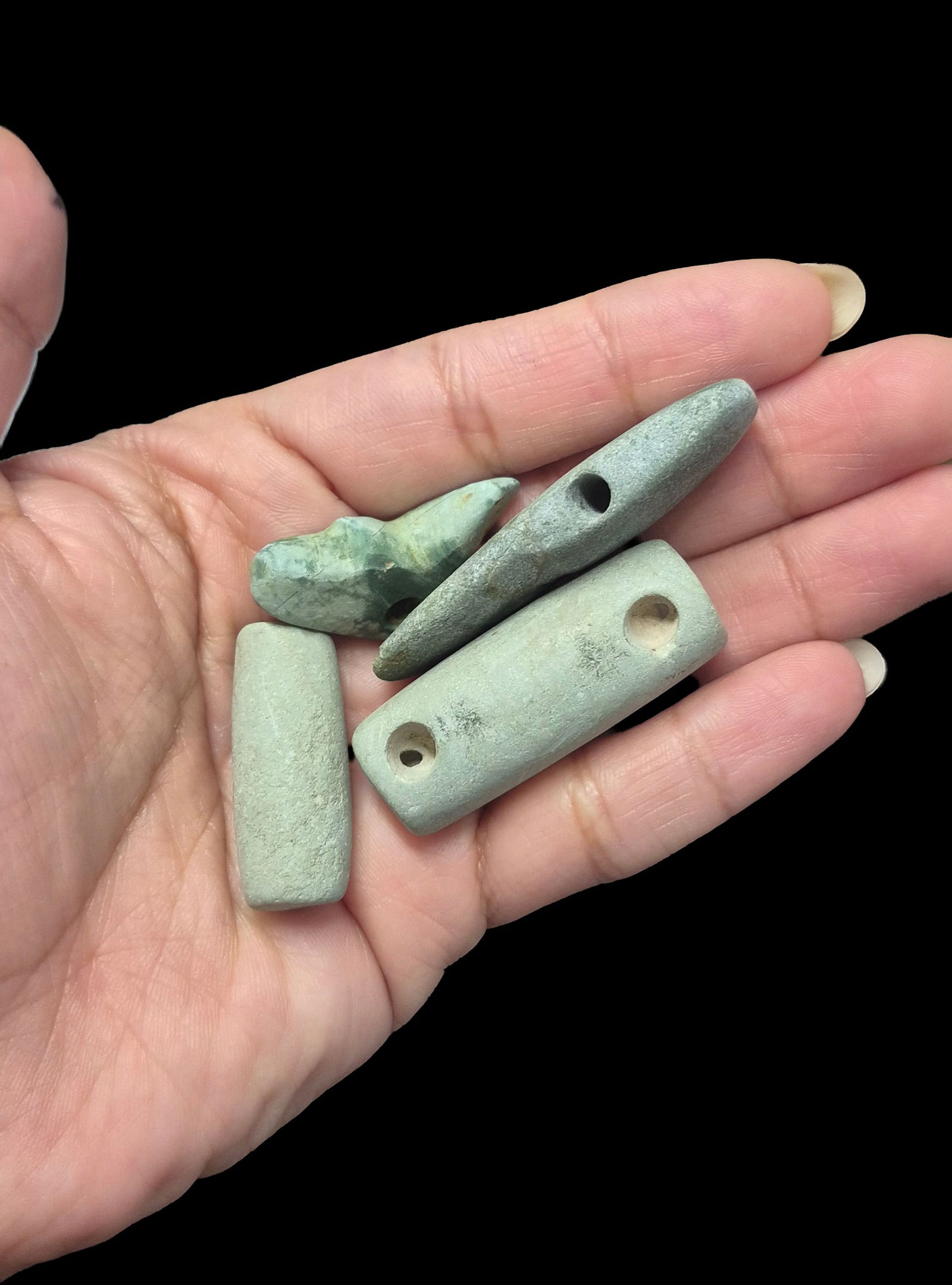 Pre-Columbian Green Stone Bead Assortment: 1.75"x5/8" Pre-Columbian Green Stone Bead Assortment, Green Stone and Tiza Assorted Pendant Beads, Nicoya Costa Rica, 300-800 CE, Size Varies 1.5"-1.75"