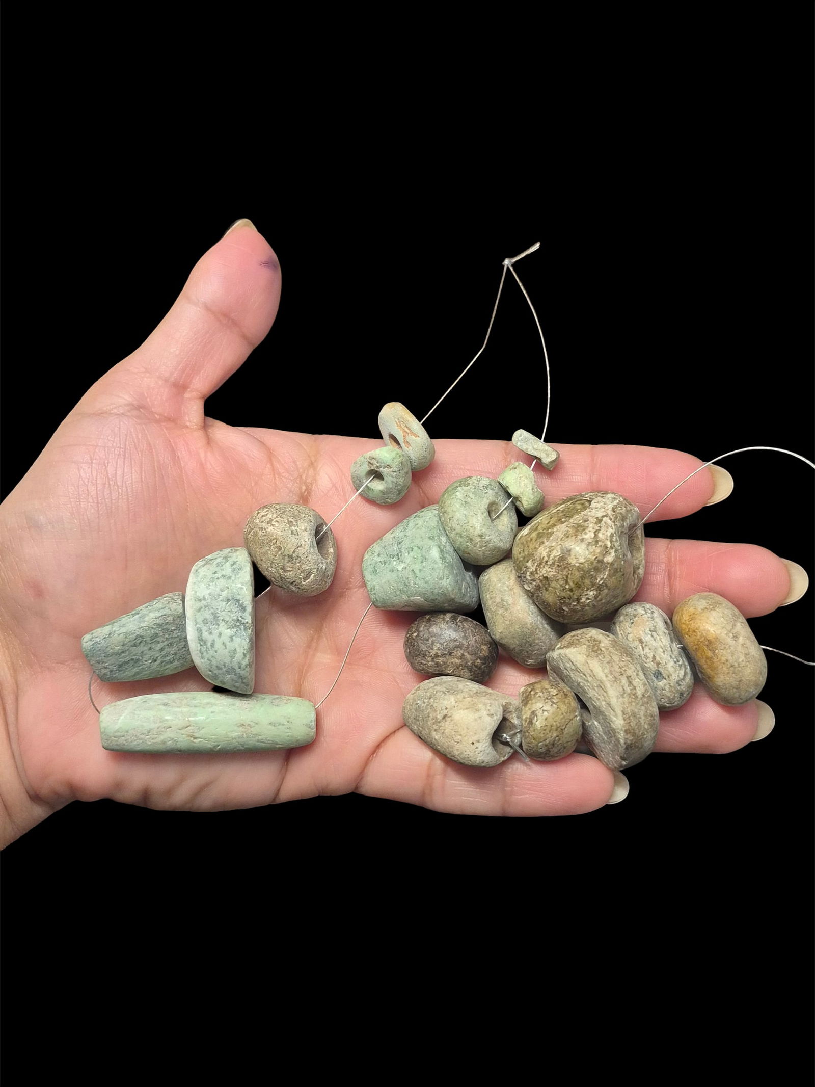 Pre-Columbian Assorted Jade Spacer Beads, Mesoamerica: 6.5" and 5" Pre-Columbian Assorted Jade Spacer Beads, Tube Beads, Spindle Beads, High Polish, Mesoamerica 300-800 CE, Strand Lengths 6.5" and 5.5"