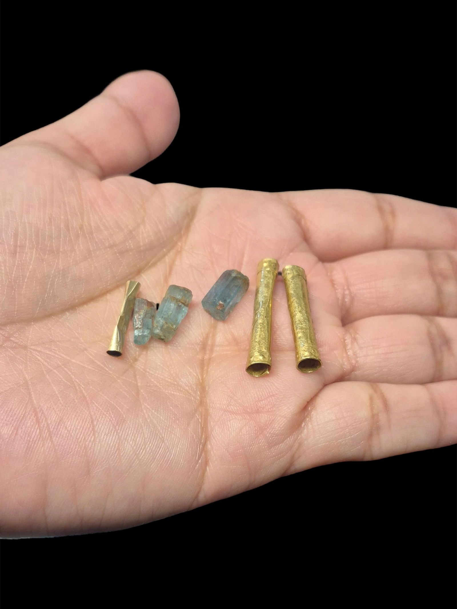 Pre-Columbian Gold Tubular Beads and Raw Colombian Emeralds: 3/8" and 7/8" Pre-Columbian Gold Tubular Beads and Colombian Emeralds, Pre-Columbian Gold Tube Beads 1.7G, Colombian Emeralds, Mesoamerica 300-800 CE, Emeralds 6.5CT Weight