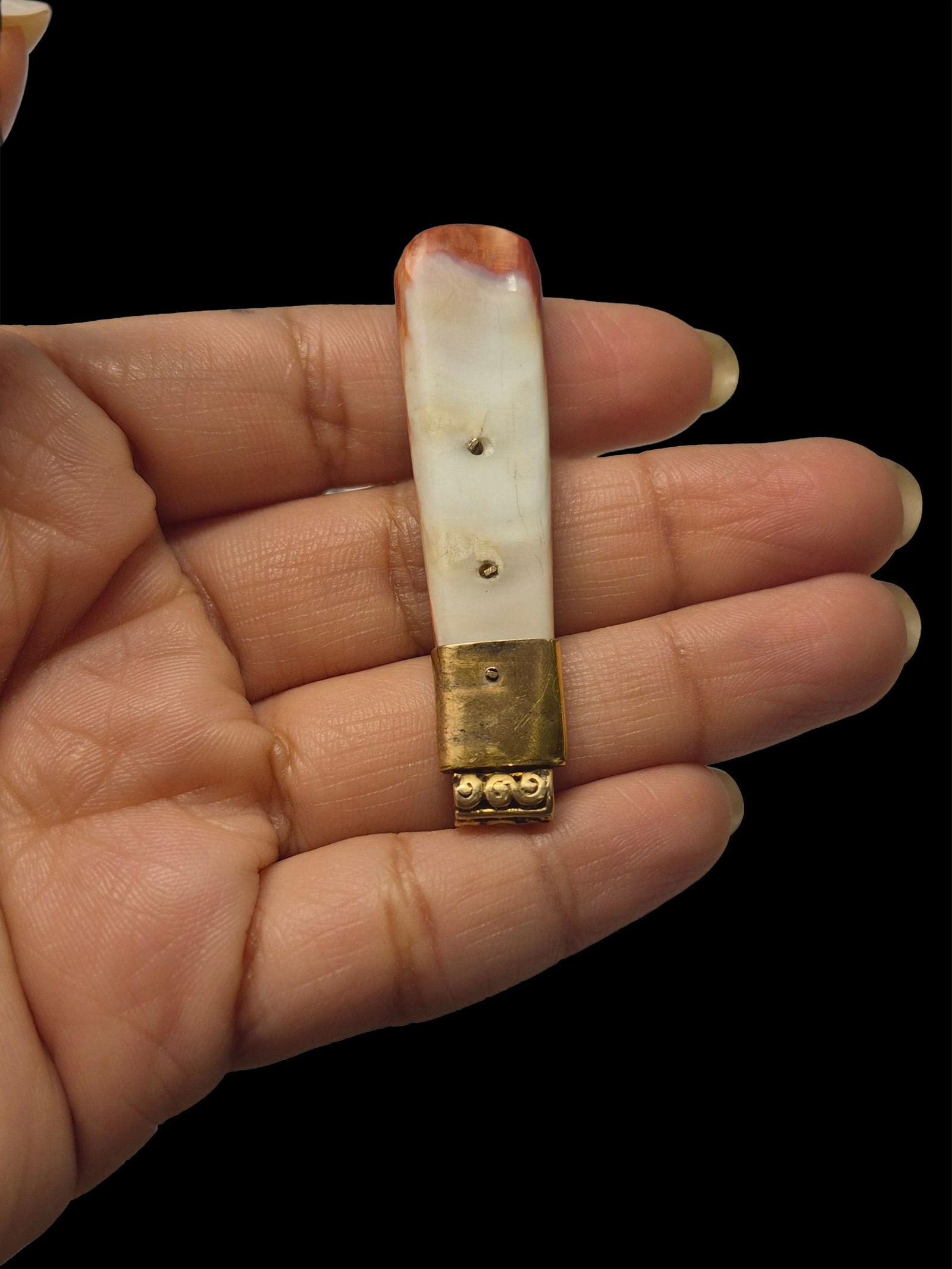 Custom Spondyllus Shell Pendant with Custom Gold Bail: .5"x2" Custom Spondyllus Shell Pendant with Custom Gold Bail, Lost Wax Method Hand Crafted Gold Bail on Large Spondyllus Pendant