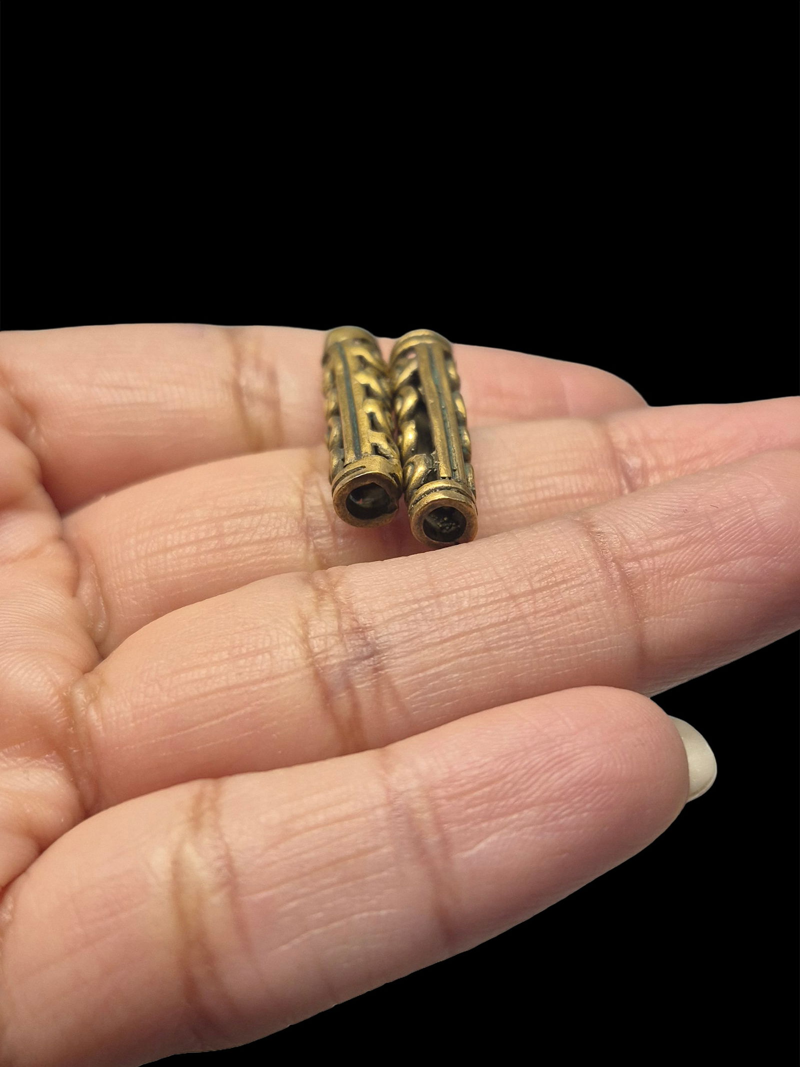 Pre-Columbian Tumbaga Tube Beads, Orante Relief: 3/4"x1/8" Pre-Columbian Tumbaga Tube Beads, Orante Relief, 3.9 G