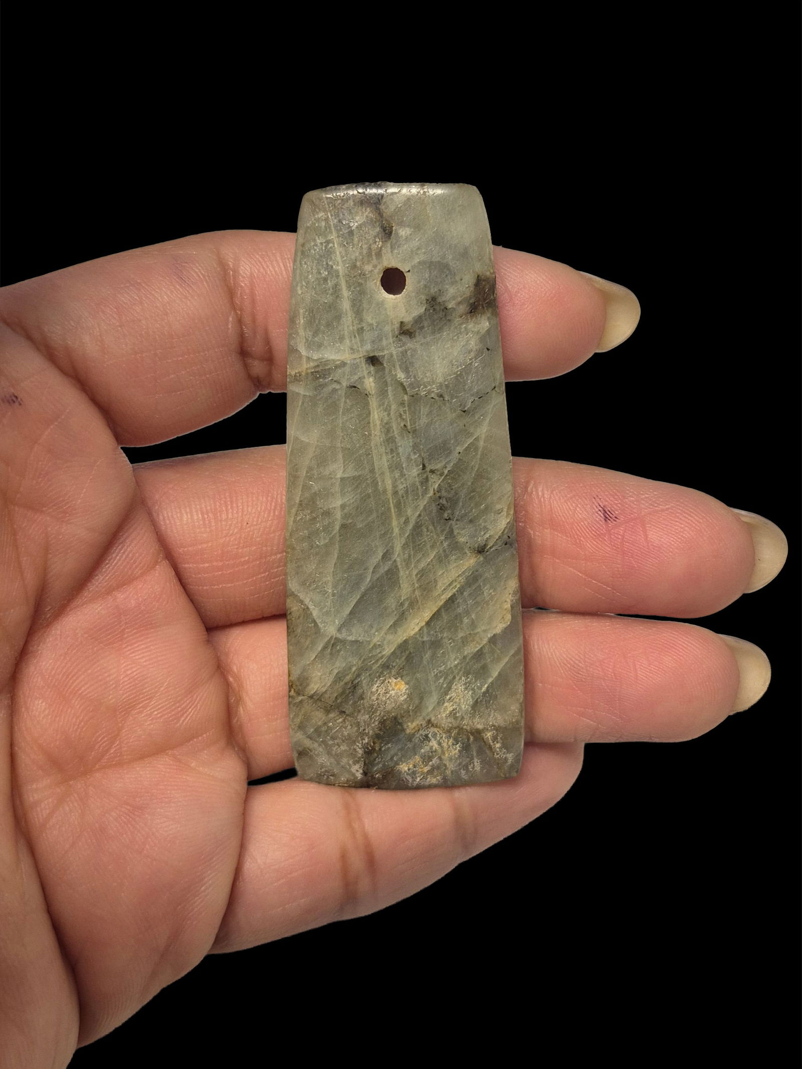 Pre-Columbian Jade Celt Pendant, Nicoya Costa Rica: 2.3/8"x7/8" Pre-Columbian Jade Celt Pendant, Nicoya Costa Rica, Translucent Gemstone Quality Jade, Mesoamerica 300-800 CE