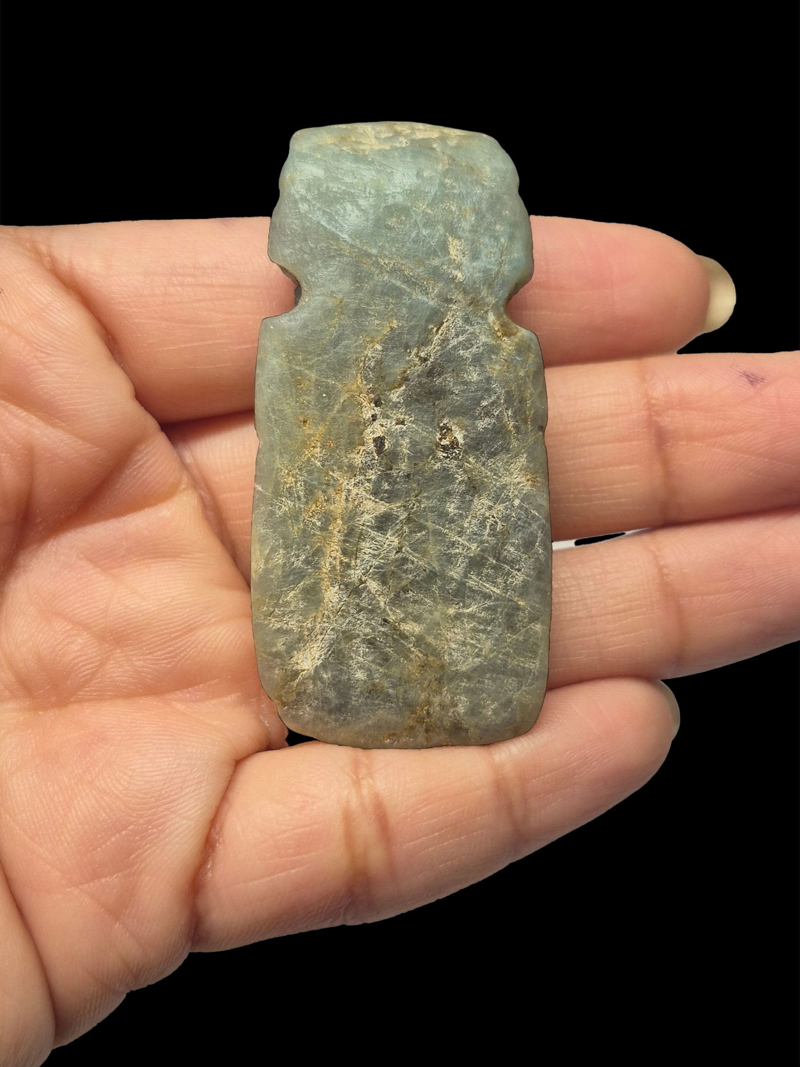 Pre-Columbian Costa Rican Avian Jadeite Figural Celt Pendant: 1"x2.1" Pre-Columbian Costa Rican Avian Jadeite Figural Celt Pendant, Translucent, Mesoamerica, 500-900 CE