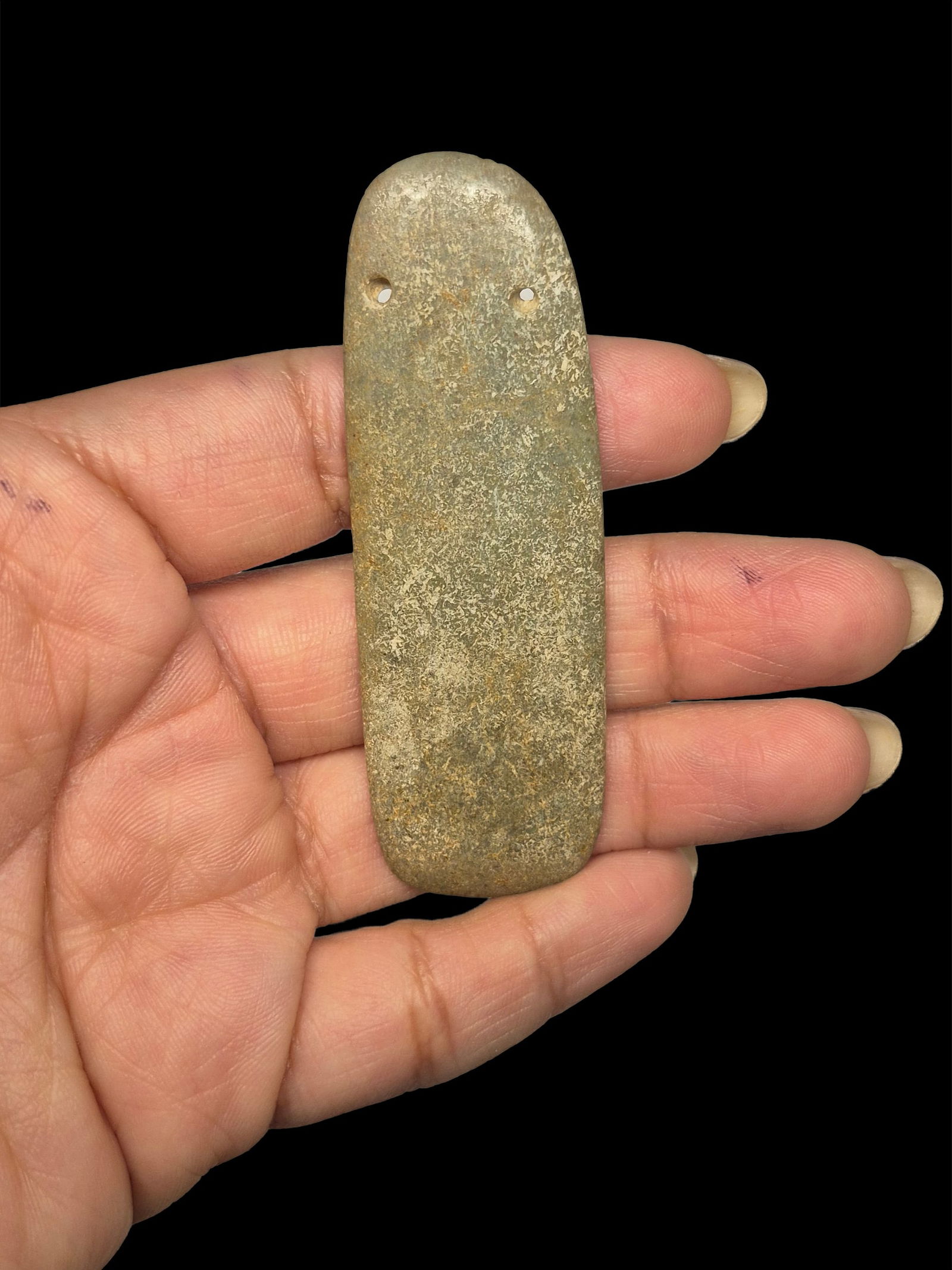 Pre-Columbian Jade Celt Pendant, Costa Rica: 2.75"x.75" Pre-Columbian Jade Celt Pendant, Translucent, Mesoamerica,Nicoya Costa Rica, 500-900 CE