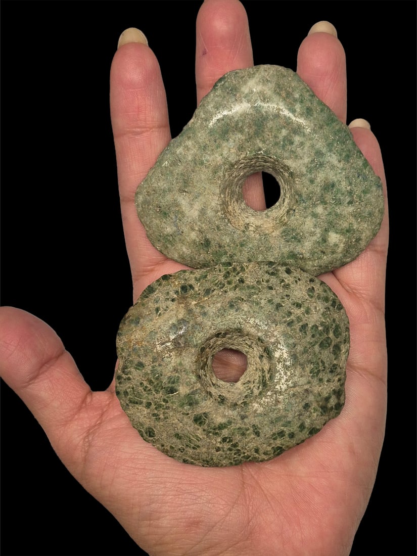 Pre-Columbian Mayan Jade Ear Flares, Ceremonial, Very Large and Rare: 2.5"x2" and 2.5"x2.25" Pre-Columbian Mayan Jade Ear Flares, Ceremonial, Very Large and Very Rare, Mesoamerica, 500-900 CE