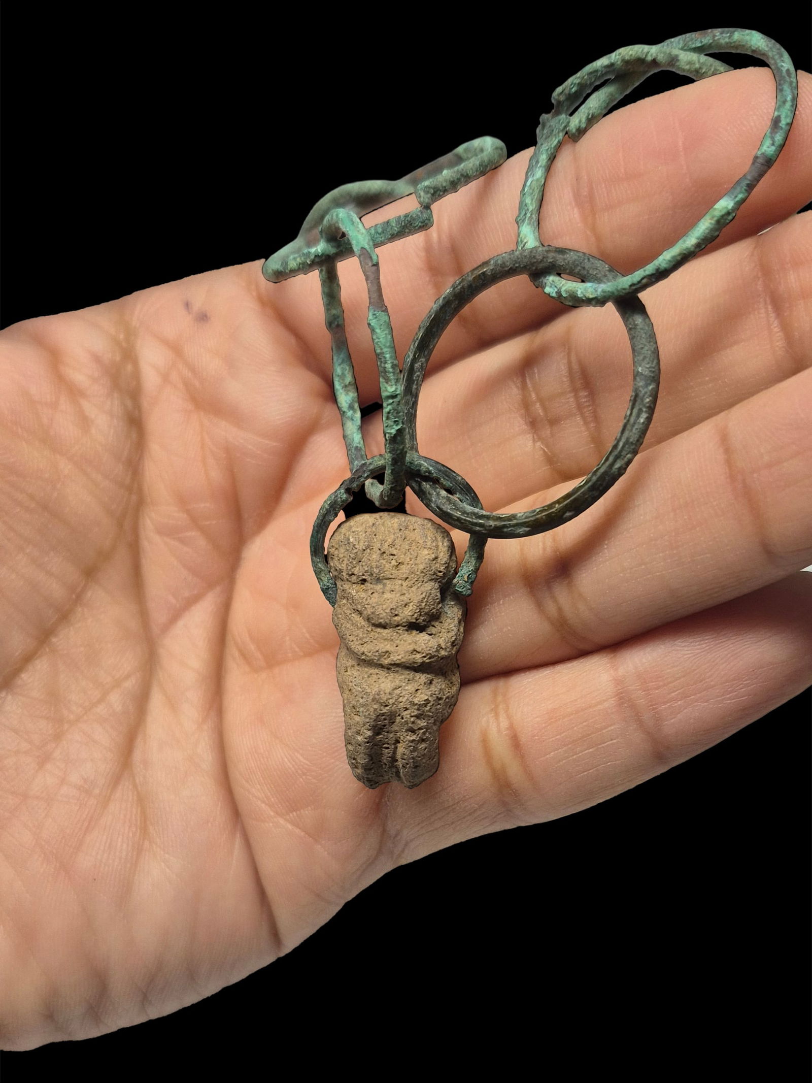Pre-Columbian Stone Figure On Bronze Silver Chain: 20.5" Pre-Columbian Stone Figure On Bronze Silver Chain, Mesoamerica, 500-900 CE, Chain Length 20.5"